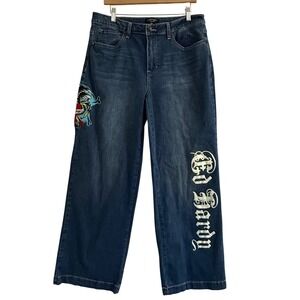 Ed Hardy Denim Embroidered Eagle Tattoo Wide Leg Baggy Jeans Blue Mens Size 32